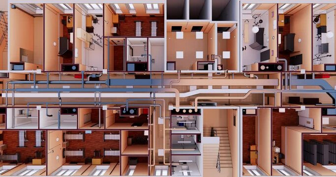 Top view 3D BIM model of the floor plan of a building with utilities 