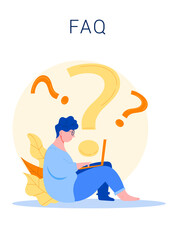 Abstract client, customer support. Woman worker character working on laptop computer. Concept of FAQ. Frequently Asked Question. Cartoon flat vector illustration with fictional characters