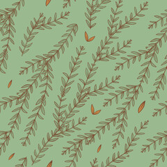 Seamless pattern from eucalyptus parvifolia on a green background with a brown outline.