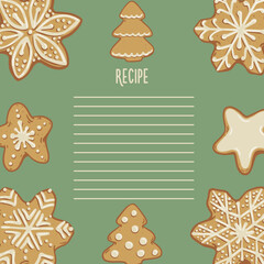 Template for recipes, for notebooks in a frame of gingerbread cookies on a green background