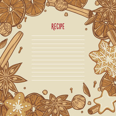 Template for recipes, for notebooks in a frame of spices, fruits, cookies (gingerbread, star anise, cinnamon, cloves, orange, nutmeg, cardamom, black pepper)