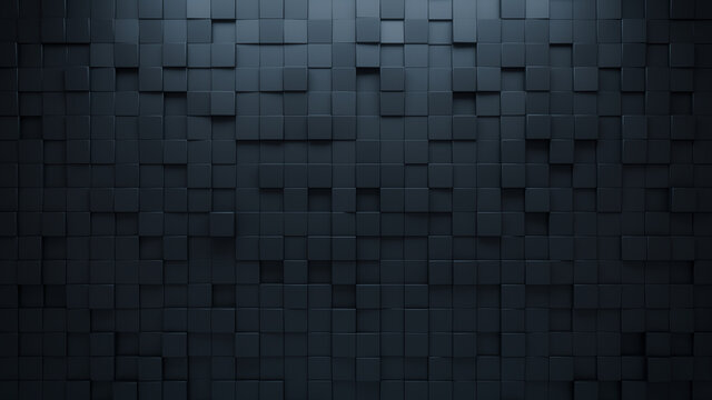 Futuristic, High Tech, dark background, with a square block structure. Wall texture with a 3D cube tile pattern. 3D render