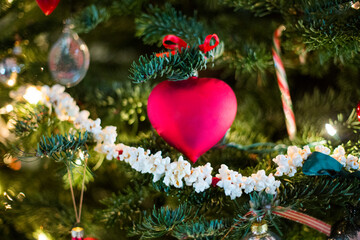 Close up of ornaments on Christmas tree
