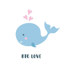 Kids cartoon illustration of a cute baby whale. Valentine's day. Baby valentine. Baby shower. Big love.