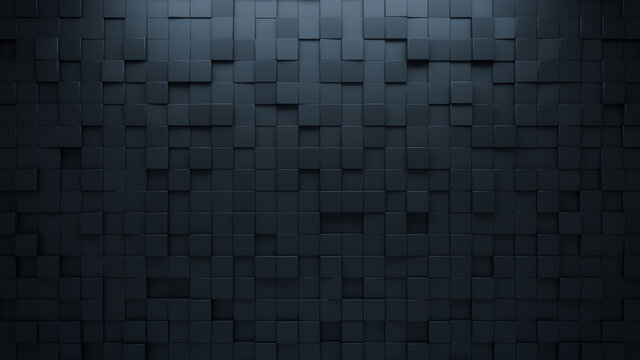 Futuristic, High Tech, dark background, with a square block structure. Wall texture with a 3D cube tile pattern. 3D render
