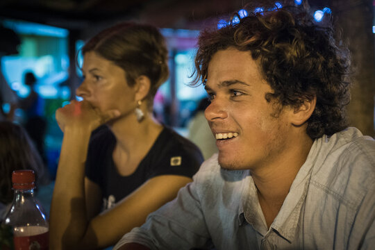 Caucasian mother and son in restaurant