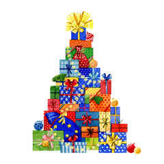 Watercolor Christmas illustration. Lots of multicolored gift boxes with bows in the form of a Christmas tree. Isolated on the white background. 