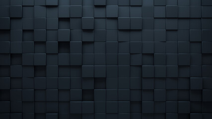 Futuristic, High Tech, dark background, with a square block structure. Wall texture with a 3D cube tile pattern. 3D render