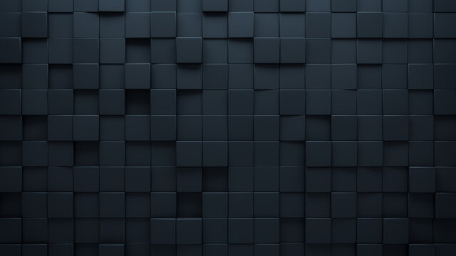 Futuristic, High Tech, dark background, with a square block structure. Wall texture with a 3D cube tile pattern. 3D render