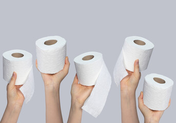Hands holding toilet paper rolls on gray background