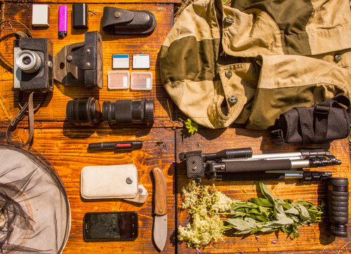Photography equipment on table