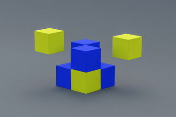 Blue and yellow cubes on gray background. Block chain concept. 3d rendering