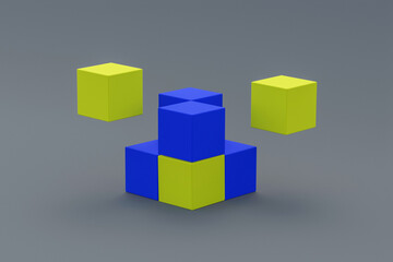 Obraz premium Blue and yellow cubes on gray background. Block chain concept. 3d rendering