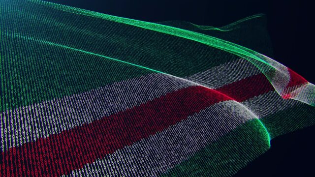 3d render. Ichkeria digital flag with binary code texture flies in the wind. Seamless loop.