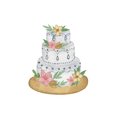 Wedding cake decorated with flowers colorful watercolor illustration of tender hand drawn holiday dessert for greeting cards, invitations, menu, poster, banner