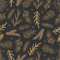 Behang Xmas naadloze patroon met kerstboomversieringen, pijnboomtakken hand getekende kunst ontwerp vectorillustratie. © Anastasiya 