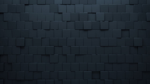 Futuristic, High Tech, dark background, with an offset square block structure. Wall texture with a 3D cube tile pattern. 3D render