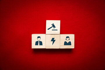 Wooden dice with conflict and court icons. The concept of a court hearing and problem solving in court.