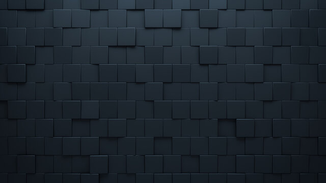 Futuristic, High Tech, dark background, with an offset square block structure. Wall texture with a 3D cube tile pattern. 3D render