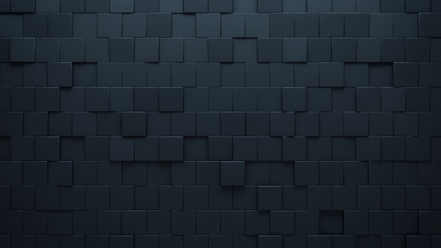 Futuristic, High Tech, dark background, with an offset square block structure. Wall texture with a 3D cube tile pattern. 3D render