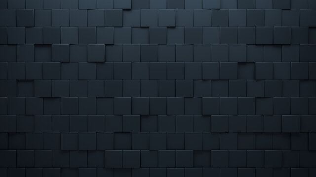Futuristic, High Tech, dark background, with an offset square block structure. Wall texture with a 3D cube tile pattern. 3D render