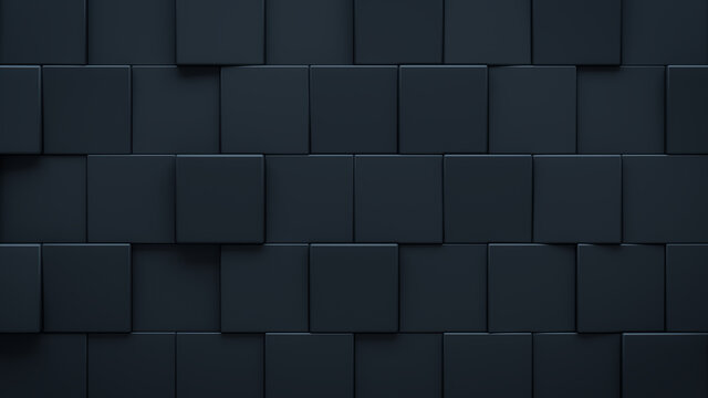 Futuristic, High Tech, dark background, with an offset square block structure. Wall texture with a 3D cube tile pattern. 3D render