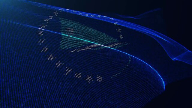 3d render. Pacific Community digital flag with binary code texture flies in the wind. Seamless loop.
