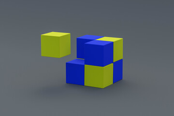 Yellow and blue cubes on gray background. Block chain concept. 3d rendering