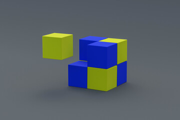 Obraz premium Yellow and blue cubes on gray background. Block chain concept. 3d rendering