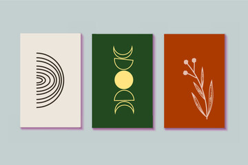 Abstract Minimalist Wall Art Set Of 3 Print Sun. Vector Illustration. Moon Phases, Plant and Line Rainbow 