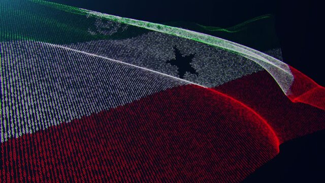 3d render. Somali land digital flag with binary code texture flies in the wind. Seamless loop.