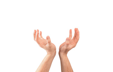 Raised hands on a white background. Concept of asking for help.