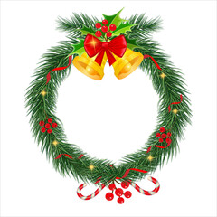 Vector. Christmas wreath border. Frame of green pine. Merry Christmas and Happy New Year 2021. Branches of a Christmas tree . New Year's holiday decorations.