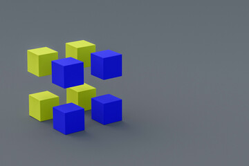Yellow and blue cubes on gray background. Copy space for text. Block chain concept. 3d rendering