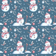 Winter night watercolor seamless pattern. Cute snowman, snowflakes, Christmas balls, winter nature, berries, bird, snow shovel. Christmas. New Year. Blue, brown, burgundy, white. For print.