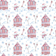 Watercolor Christmas seamless pattern. Cute snowman, Christmas house, snowflakes, Christmas balls, winter nature, berries, bird, snow shovel. Christmas. New Year. Blue, brown, burgundy, white. Print