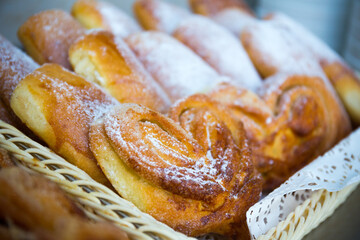 Served tasty bakery products close up view