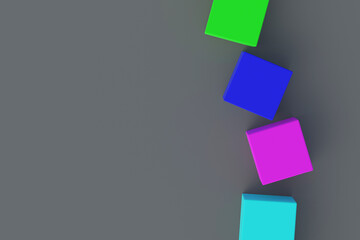 Row of colorful toy cubes on gray background with copy space. Child mental development and rehabilitation. Top view. 3d rendering
