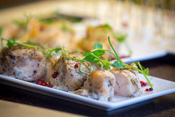 Served tasty meat meal close up view.