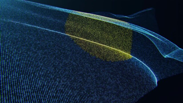 3d render. Palau digital flag with binary code texture flies in the wind. Seamless loop.