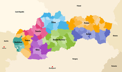 Districts (okresy) of Slovakia colored by regions vector map with neighbouring countries and territories