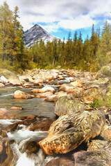 Beautiful mountain landscape at Polar Urals colorful painting