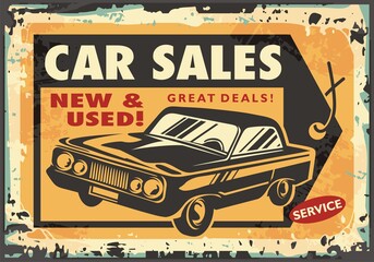 Car sales vintage sign with price tag and classic automobile. Retro ad design for cars dealer. Vector transportation poster.