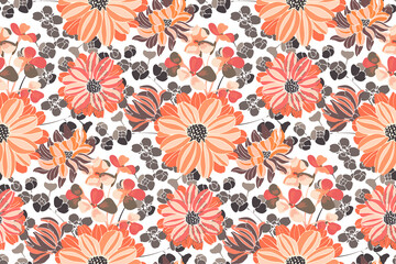 Vector floral pattern. Pink and orange garden flowers isolated on white background. Beautiful chrysanthemums for fabric, wallpaper design, kitchen textile, banners, cards.