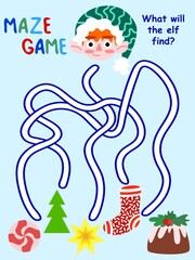 Funny winter maze game stock vector illustration. What will the elf find? Educational visual puzzle with cartoon elf printable worksheet for kids. Amusing activity page for children. One of a series