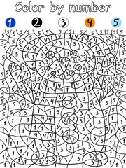 Color by number snowman stock vector illustration. Funny snowman with hat, scarf and mittens coloring page for kids. Amusing cartoon winter character color by number for children. One of a series