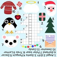 Winter crossword for kids stock vector illustration. Amusing crossword with Santa Claus, penguin, polar bear and more. Funny educational word game in English with answer and keyword - gingerbread
