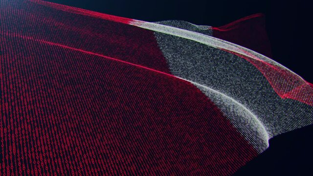 3d render. Peru digital flag with binary code texture flies in the wind. Seamless loop.