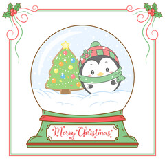 merry Christmas cute penguin drawing snow globe card