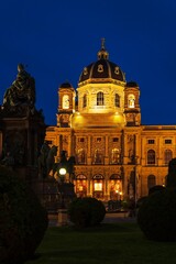 Facade of Kunsthistorisches Museum at night, Vienna, Austria